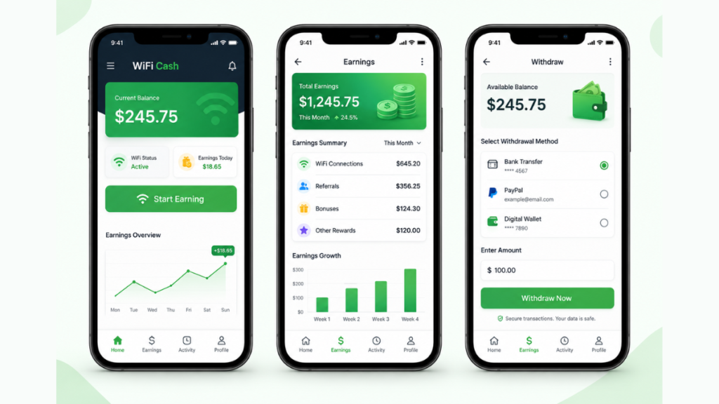 Mobile app earnings dashboard mockup